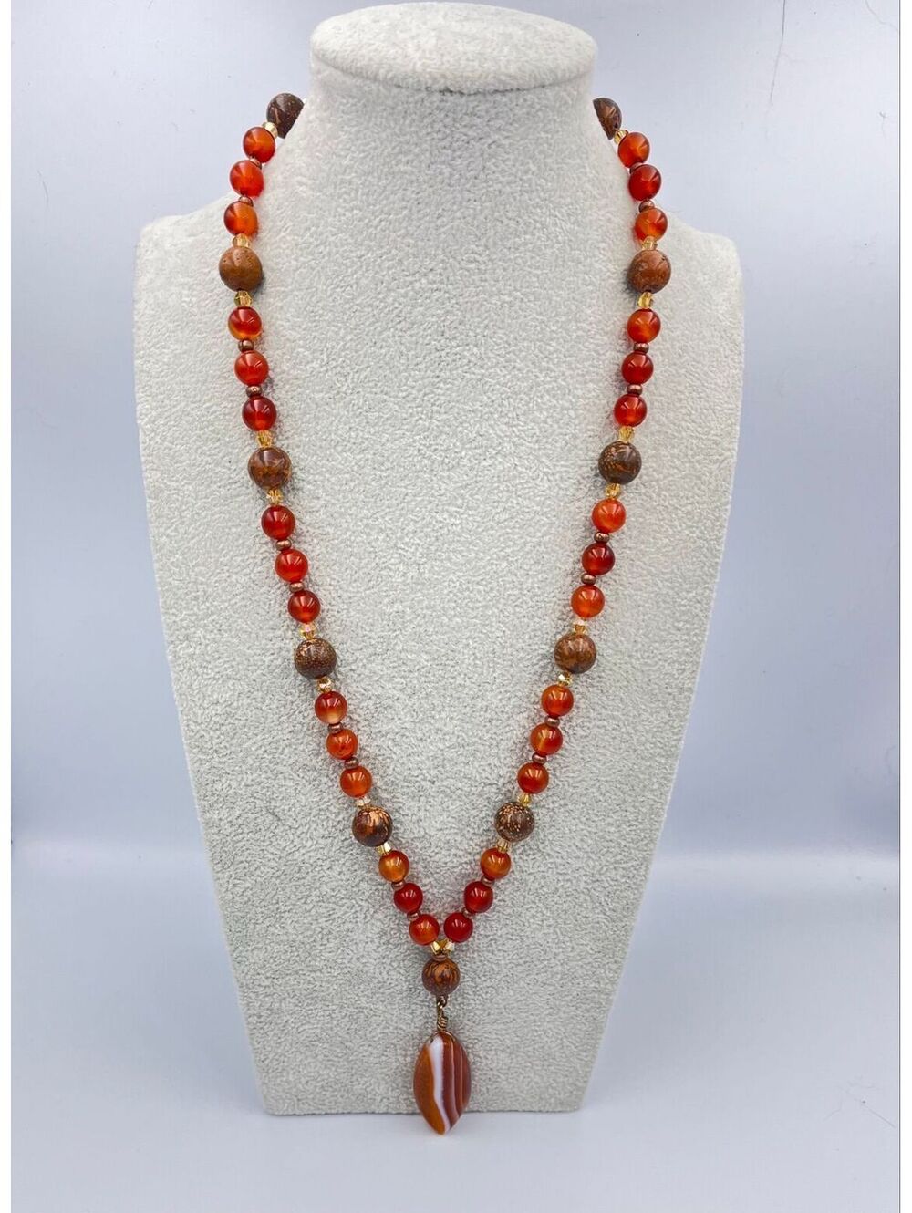 Carnelian & Banded Agate Stone Necklace, ~21”
